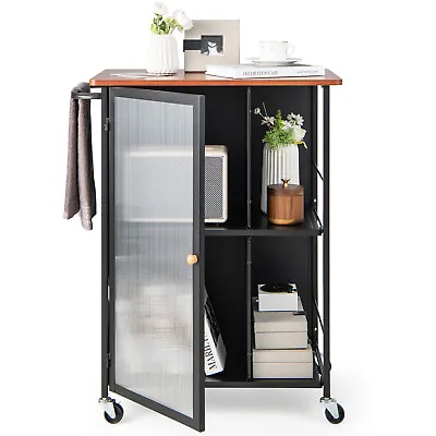 Mobile Serving Cart Metal Kitchen Trolley W/ Transparent Single Door Cabinet • $89.99