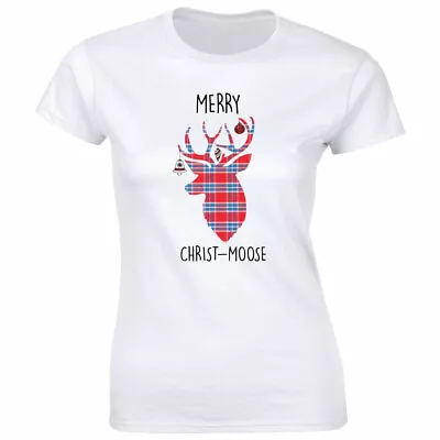 Merry Chirst Moose Crew Neck T-Shirt For Women Funny Christmas Holiday Tee • $13.49