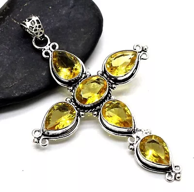 925 Sterling Silver Yellow Citrine Gemstone Handmade Jewelry Cross Pendant S-3 • $19.99