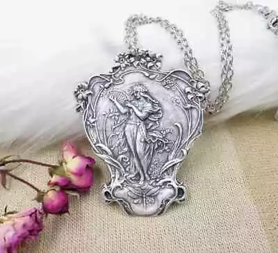 Antique Silver Plated Goddess Necklace Musical Maiden With Harp And Dragonfly • $28.46