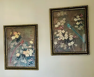 Asian Prints Exotic Birds & Flowers Pair Vintage Faux Bamboo Frames Signed • $220