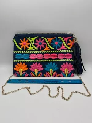 Med. Blue Denim Like Vieta Handbag Embroidery Flowers Fiesta • $27.50