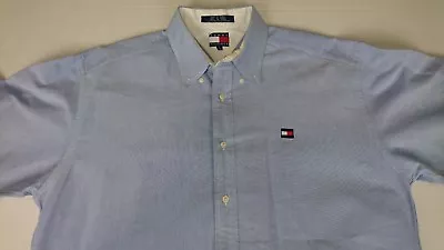 Vintage Tommy Hilfiger Men L Light Blue Shirt Box Logo 90s Button Front J2 • $12.24