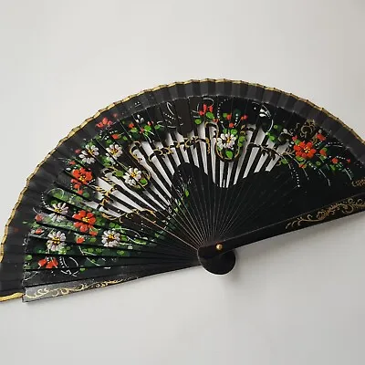£27.50 • Buy Vintage Spanish Hand Fan Traditional Craft Floral Black Wooden Flamenco Dancing