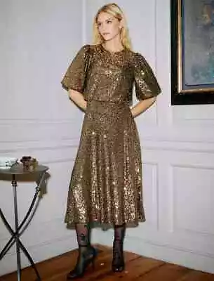 Cefinn Marnie Sequin Midi Dress With Elasticated Waist - Gold Size UK 14 • £100