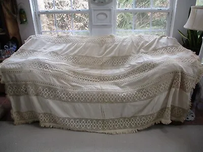 Antique 1909 Coverlet Linen Bedcover Tablecloth Handmade Crochet Lace 92 X60  • $40