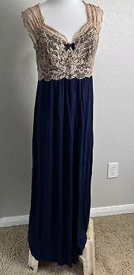 Soma Romantic Nightgown Sz MED Lace Top Navy Blue Maxi Length Peep Back • $23.99
