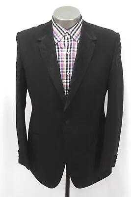 Mens Black VINTAGE 70s Patterned Satin Lapel Tuxedo Tux Jacket Blazer Retro 42 L • $48.99