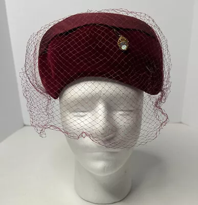 Vtg Burgundy Veil Hat W/Pin Velvet Pillbox Fascinator Cocktail Theater Costume • $12.50