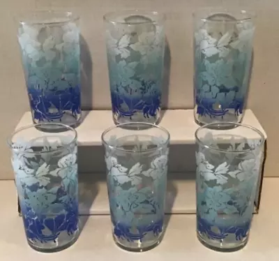 Vintage Set Of 6 Blue Flowered Pattern Stenciled Tumblers/Glasses 4.75  10 Oz. • $32