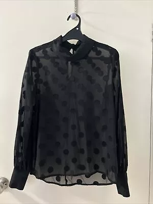 Decjuba Black Sheer Long Sleeve Spot Sheer Blouse Size 8 Also Fit 10-12 Roll NEC • $15