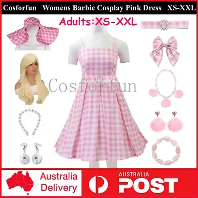 Adults Womens Barbie Margot Robbie Cosplay Costume Barbie Pink Dress Wig Hat  • $29.99