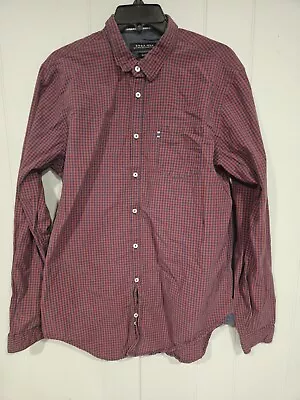 Zara Man Shirt Mens Button Down Red Blue Check Slim Fit Long Sleeve Size 16-1/2  • $10.80