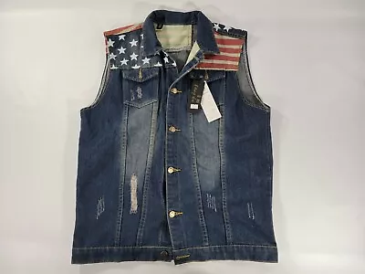 New! Tang Ku Mens Dark Denim Vest Sz 4XL (US L) Distressed American Flag USA • £34.16