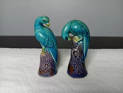 Vtg Pair Of Porcelain Turquoise 3  Parrot Figurine Mid Century Souvenirs PA • $49.99