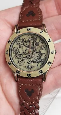 Disney Men’s Vintage Pilot Mickey Mouse Watch Plastic Bezel Braided Leather Rare • $59.99