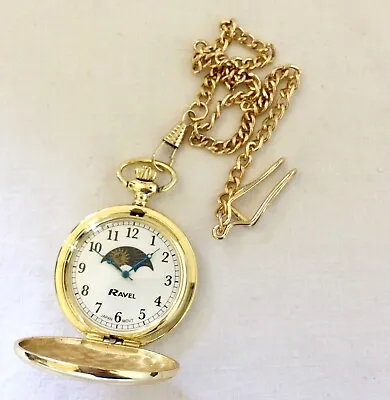 VINTAGE OLD STOCK Gold Plated Quartz Moon/Sun Pocket Watch FULL WORKING ORDER • $43.58