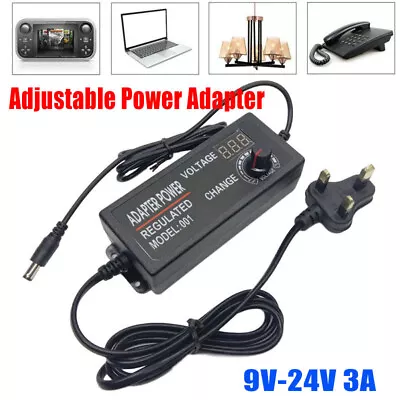 Adjustable Electrical Power Supply Adapter Charger Variable AC/DC 9-24V 3A 72W • £10.96