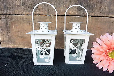 White Gold Accents Mini Metal Lantern Bird Tea-Light Candle Holder Wedding Table • $12.99