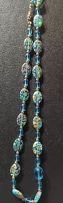 Vintage Blue Murano Style Glass Stones Flowers Necklace • $15