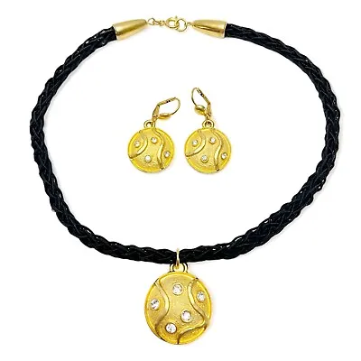 Vintage Modernist Matte Goldtone Crystal Circle Pendant Necklace Earrings Set • $24.99
