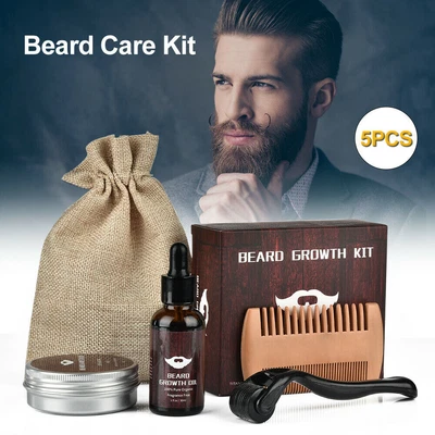 $20.69 • Buy 5Pcs Beard Growth Kit Beard Derma Roller Activator Serum Liquid Comb Balm Set