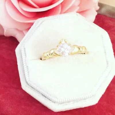 Vintage Jewellery Gold Claddagh Love Ring White Diamond Heart Antique Jewelry • $320.59