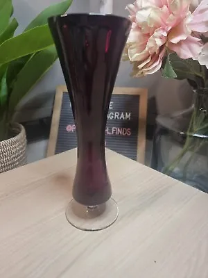 Vintage Ruby Cranberry Red Footed Curved Clear Stem Bud Posy Vase - 8.5'' • £12