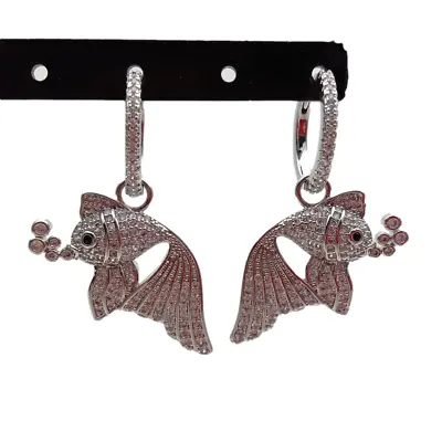 White Gold Plated Micro Pave Cz Fish Shape Earrings Hoop Earrings • $18
