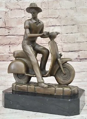 Handcrafted Asian Man Riding Moped Motorcycle Bronze Sculpture Art Deco Gift NR • $259