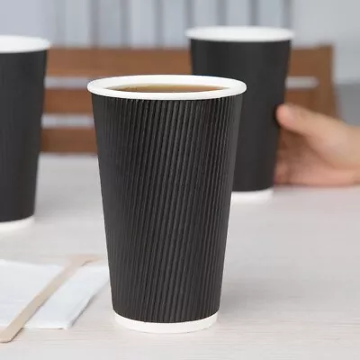 16oz Insulated Ripple Cup Disposable Paper Coffee Black Cups & Black Lid • £3.50