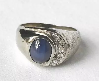 Vintage 10k White Gold Mens 2.30 Ct Blue Star Sapphire Diamond Ring Sz 9.25 6gr • $395