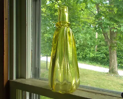 $330 • Buy 1850s PONTILED CANARY VASELINE GLASS PITTSBURGH PILLAR MOLD DECANTER CRUDE AS IS