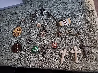 Vintage Junk Drawer Jewelry Lot Religious Crosses Medals Pins Other  • $18.99