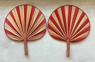 2 Red Natural Striped Raffia Manual Hand Fans • $19.99