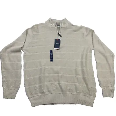 IZOD Mens Size L Beige Ribbed Knit 1/4 Zip Pullover Sweater W/ Leather Pull • $5