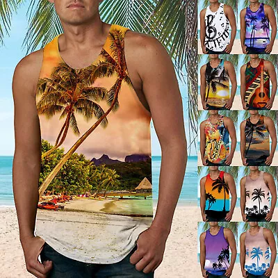 Men's Spring Summer Vest Casual Beach O Neck Printed Sleeveless Tank Tops Shirt • $15.80