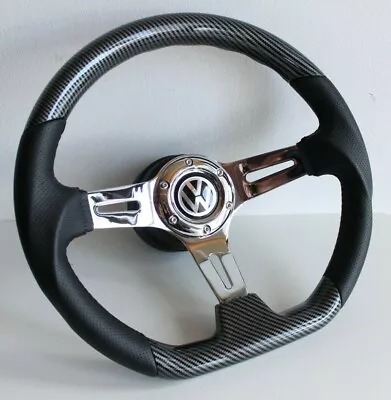 Steering Wheel Fits For VW Golf  Mk2 Mk3 Coraddo Leather Carbon Look Flat 88-96 • $215.95