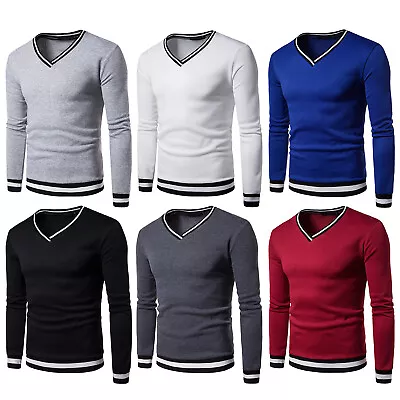 $7.70 • Buy Men Long Sleeve Pullover V Neck Ribbed Warm Thermal Contrast Color Striped Top