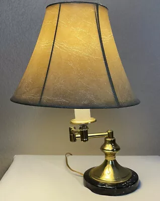 VTG Swing Arm Desk Lamp Brass Stone Marble Base Bankers Light With Shade • $103.34