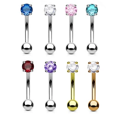 $6.95 • Buy ROUND CZ GEM CURVED EYEBROW RING BARBELL BODY PIERCING JEWELRY (16g 5/16 )
