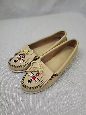 Minnetonka Moccasins Womens Size 10 Tan Beaded Thunderbird Leather Slip On Shoes • $24.99