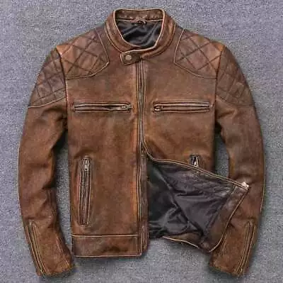 Men's Biker Cafe Racer Vintage Distressed Tan Brown Leather Jacket/Christmas • $71.99