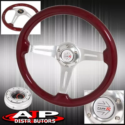 Red Wood 345mm Deep Dish Chrome Center Steering Wheel + Silver Quick Release • $85.99