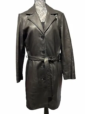 Vintage Wilsons Leather Jacket Womens XL Black Trench Coat Belted Thinsulate • $69.99