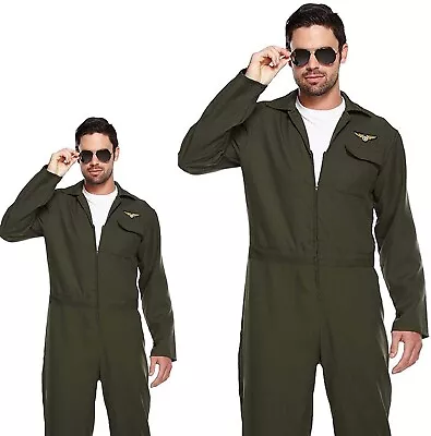 Mens Aviator Flying Suit Fancy Dress Costume Outfit Fighter Top Pilot 80s Gun • £13.99