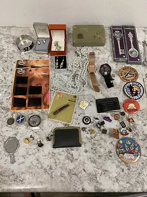 Vintage Junk Drawer Lot PINS JEWELRY & Patches • $14.99