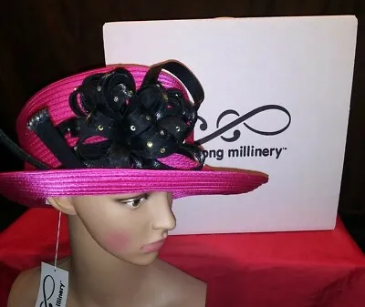 Women PINK DERBY Church HAT W CURLY BOW Rhinestones Mr. Song Millinery NEW N BOX • $199.99