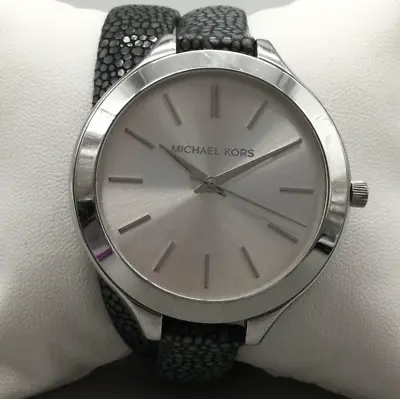 Michael Kors Runway Watch Women 42mm Silver Tone Wrap Leather Band New Battery • $31.49