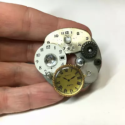 Vintage  STEAMPUNK  Brooch Pin Gold Clock Gears Rhinestones Artisan PIN L9b • $24
